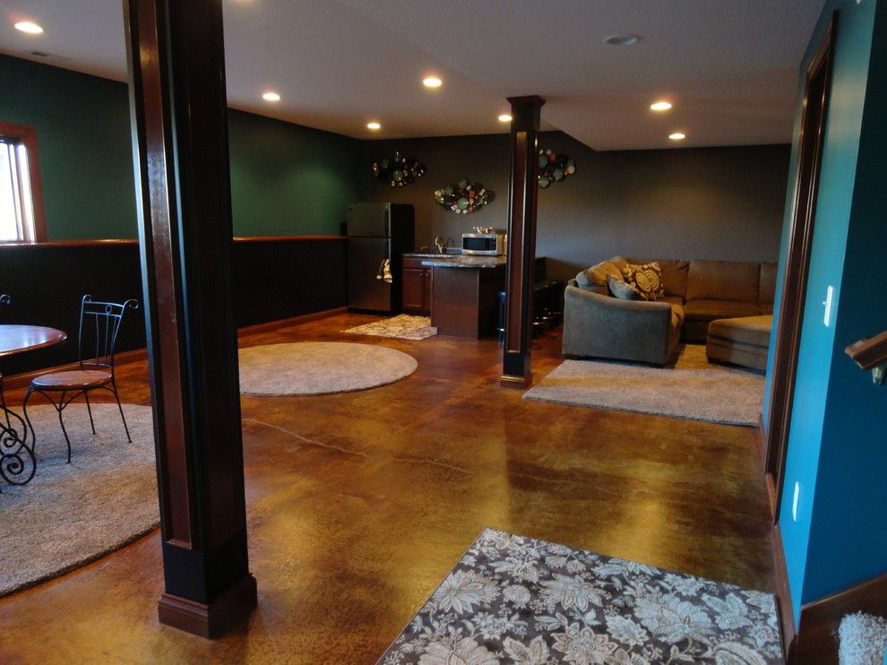 Acid Wash Concrete for a Traditional Basement with a Polished Concrete and Stained Concrete Basement by Dancer Concrete Design