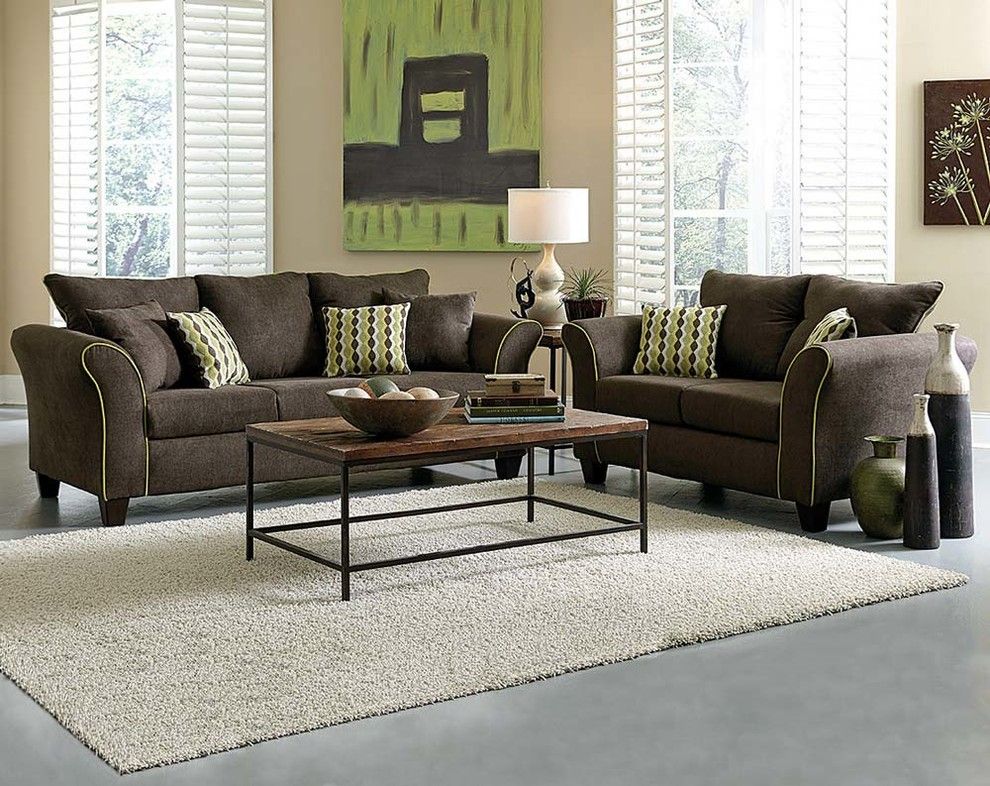 American Freight Furniture and Mattress for a Traditional Living Room with a Green and Felix Chocolate Sofa and Loveseat by American Freight Furniture and Mattress