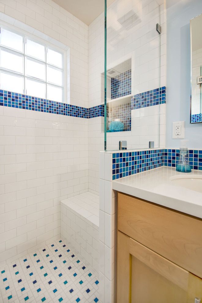 American Olean for a Traditional Bathroom with a Recycled Glass Tile and Shower Seat by Bill Fry Construction   Wm. H. Fry Const. Co.