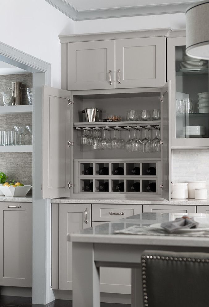 Anatolia Tile for a Transitional Kitchen with a Wine Storage and Organization by Shenandoah Cabinetry