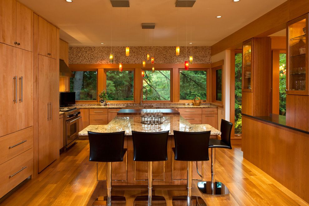 Archipelago Lighting for a Contemporary Kitchen with a Wood Cabinets and Lake Luzerne House by Phinney Design Group