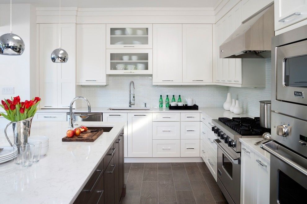 Architectural Ceramics for a Transitional Kitchen with a Stainless Steel Hood and Sleek Transitional Kitchen by Jack Rosen Custom Kitchens