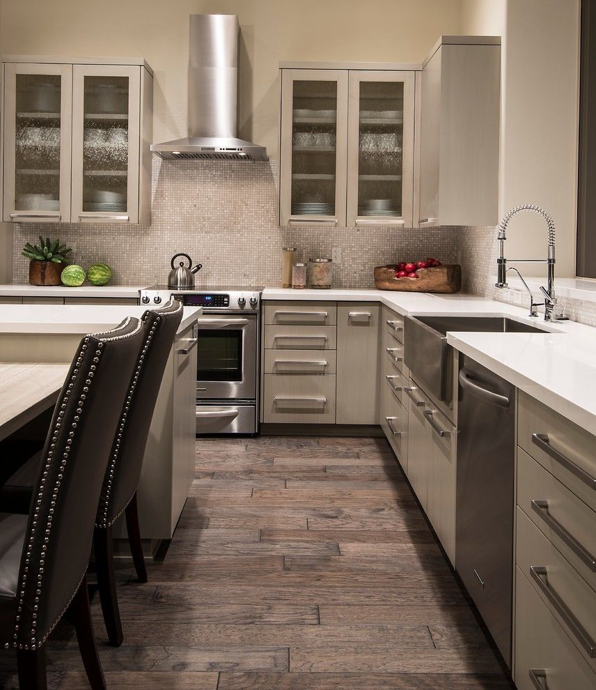 Armstrong Cabinets for a Transitional Kitchen with a Frosted Glass Cabinets and Clark Residence by Identity Construction