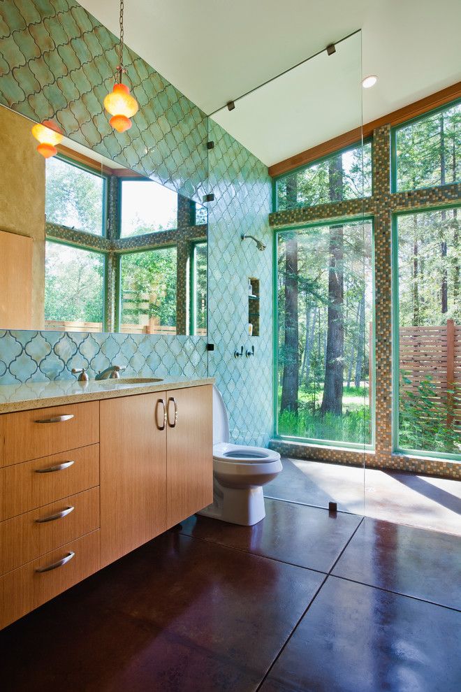 Arto Brick for a Contemporary Bathroom with a Pendant Light and Vine Hill Road Straw Bale Residence by Arkin Tilt Architects