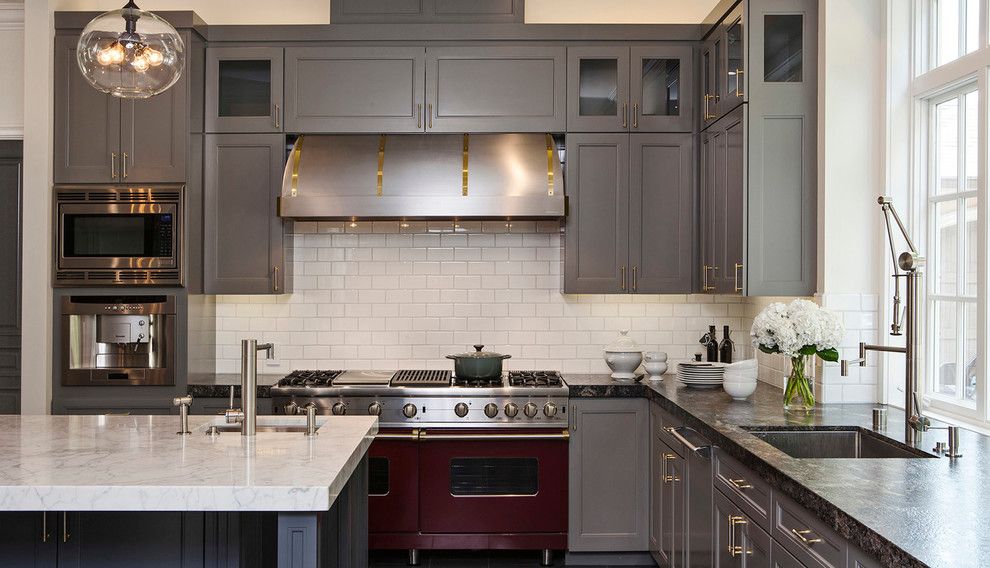 Atherton Appliance for a Contemporary Kitchen with a Beige Subway Tile Backsplash and Atherton Oasis by Jules Art of Living