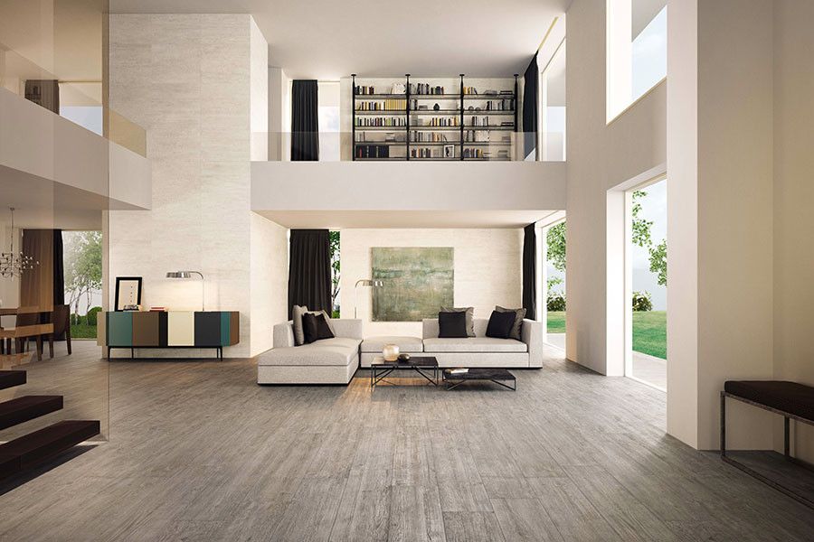 Atlas Concorde for a Modern Living Room with a Wood Porcelian Tile and Wood Porcelain Tiles by Catalfamo Flooring