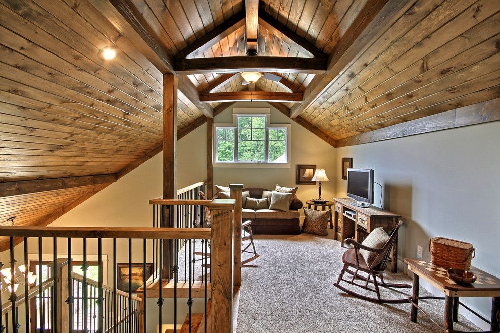 Attic Truss for a Traditional Family Room with a Wood Rocking Chair and Lake Chatuge Safe Harbor by Timberlake Custom Homes, Llc