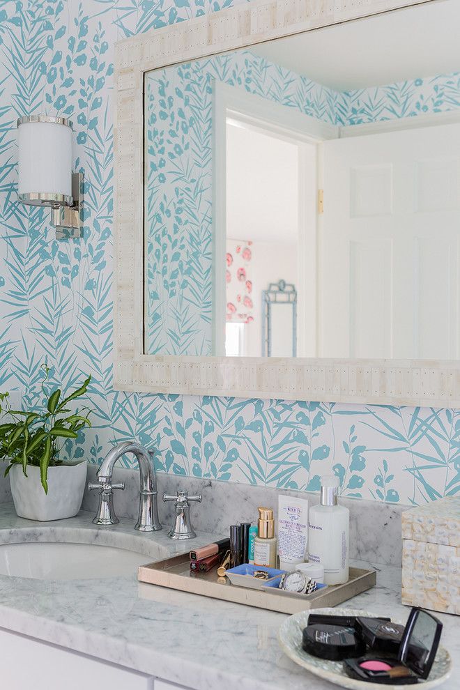 Bach Medical Supply for a Contemporary Powder Room with a Wallpaper and Cape Cod Fun by Katie Rosenfeld Design