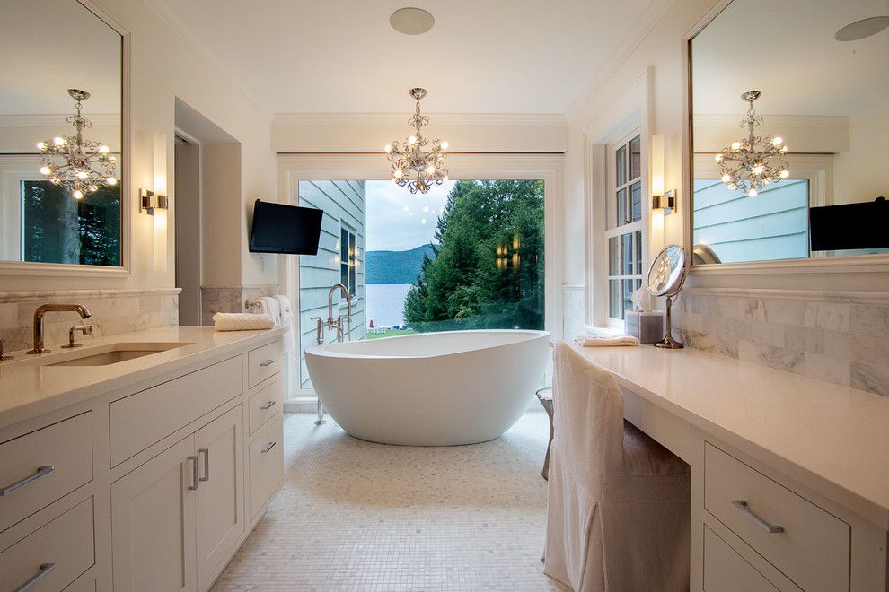 Backyard Masters for a Transitional Bathroom with a Lakehouse and Master Bathroom by Phinney Design Group