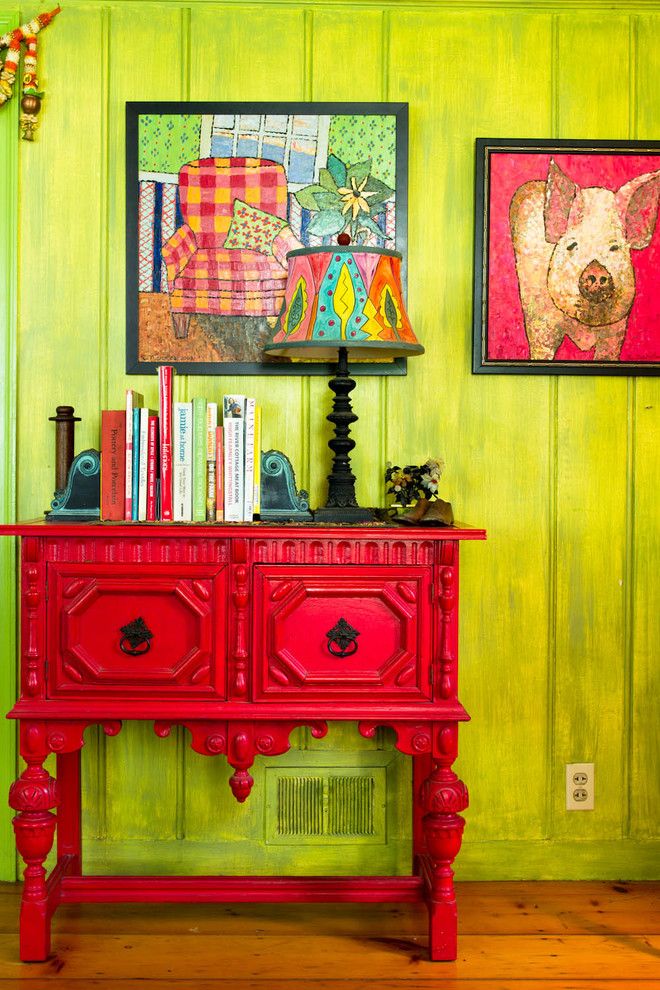 Bacons Furniture for a Farmhouse Hall with a Bright Green Wall and My Houzz: An Antique Cape Cod House Explodes with Color by Rikki Snyder