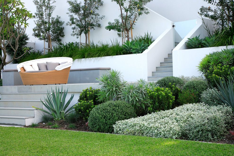 Bacons Furniture for a Modern Landscape with a Retaining Wall and Longueville by Secret Gardens