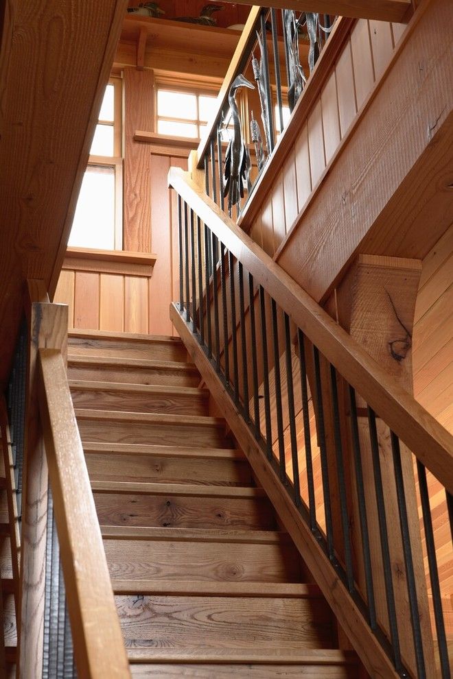 Ballister for a Eclectic Staircase with a Shelf Over Window and Otter Tail Hunting Lodge by David Heide Design Studio