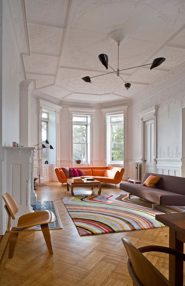 Bare Bones Furniture for a Midcentury Living Room with a Textured Ceiling and Columbia Heights Living Room by Leone Design Studio