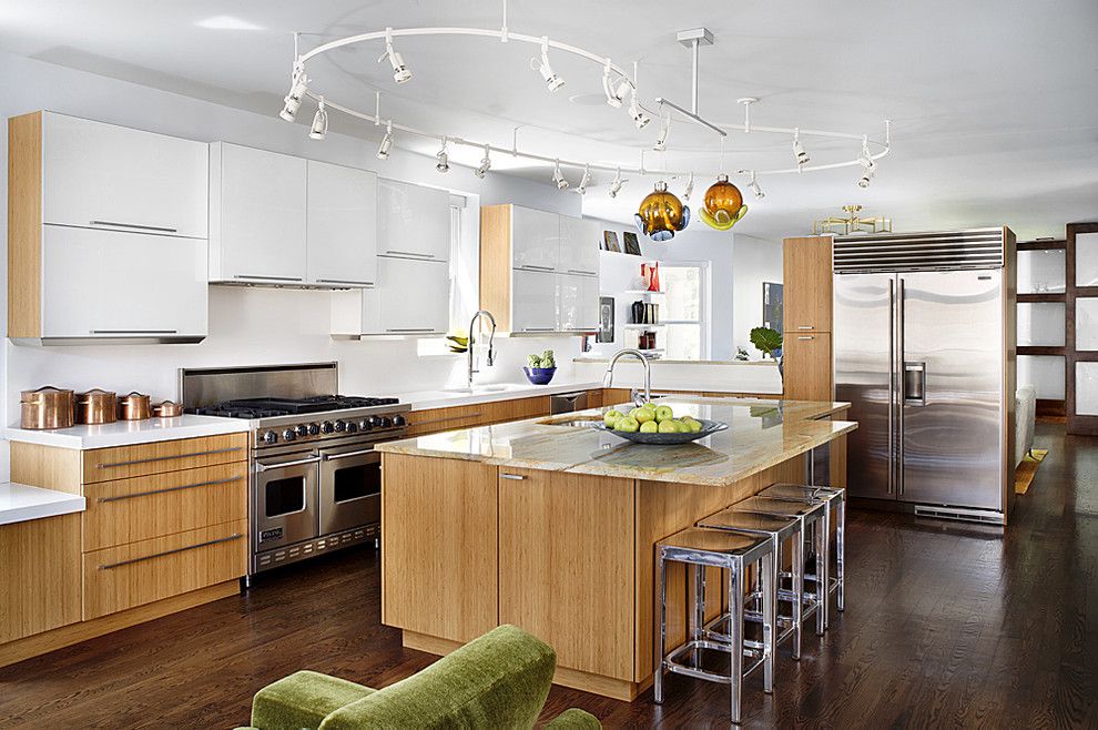 Barstool Chicago for a Midcentury Kitchen with a White Cabinets and Wrigleyville Residence by Alan Design Studio