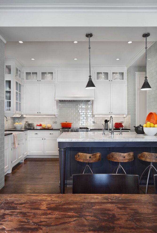 Barstool Chicago for a Transitional Kitchen with a Marble Countertop and Hyde Park Renovation by Tom Stringer Design Partners