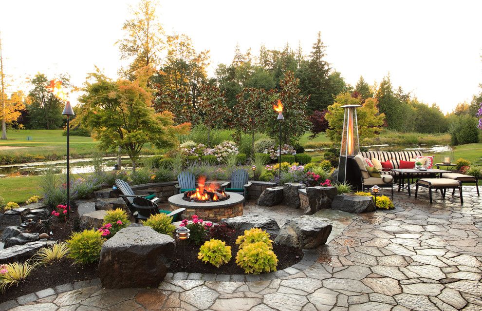 Beautiful Backyards for a Traditional Patio with a Black Adirondack Chairs and Patios and Pavers by Alderwood Landscape Architecture and Construction