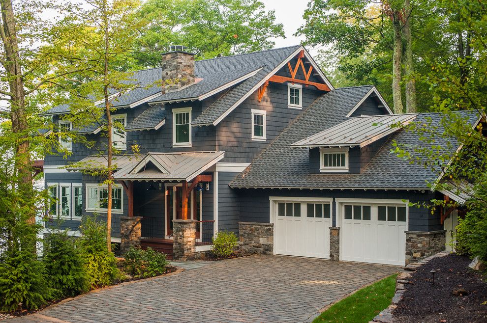 Benjamin Moore Coventry Gray for a Rustic Exterior with a Lake House and Lake George Retreat by Phinney Design Group