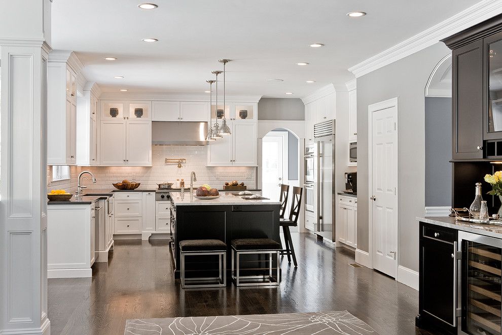 Benjamin Moore Coventry Gray for a Traditional Kitchen with a Crown Molding and Needham Kitchen by Venegas and Company