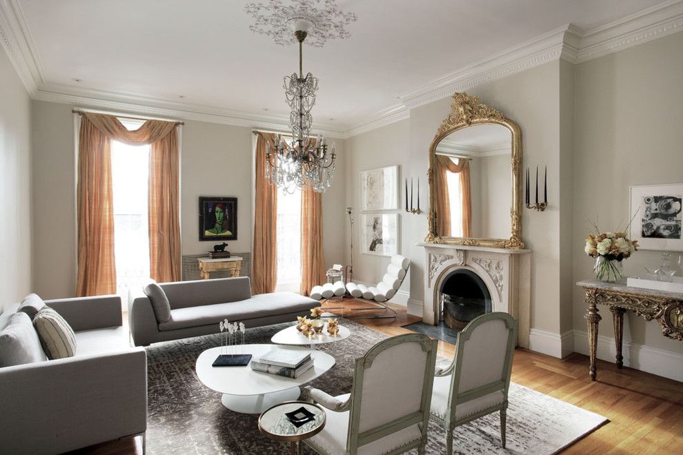 Benjamin Moore Dove White for a Eclectic Living Room with a Wood Flooring and Boston Common House by Ruhl Walker Architects