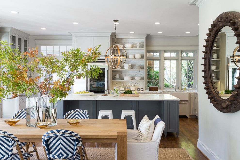 Benjamin Moore Edgecomb Gray for a Beach Style Kitchen with a Rustic Wheel Mirror and Open Plan Traditional  Modern Living for Today's Family by Heydt Designs