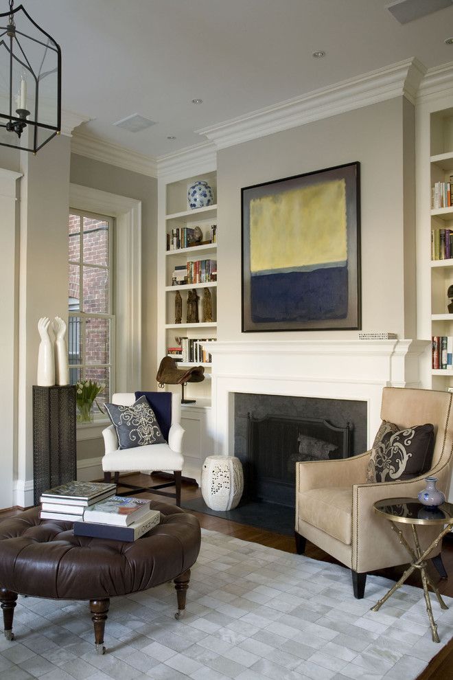 Benjamin Moore Edgecomb Gray for a Traditional Living Room with a Fireplace and Georgetwon House by Patrick Sutton Associates