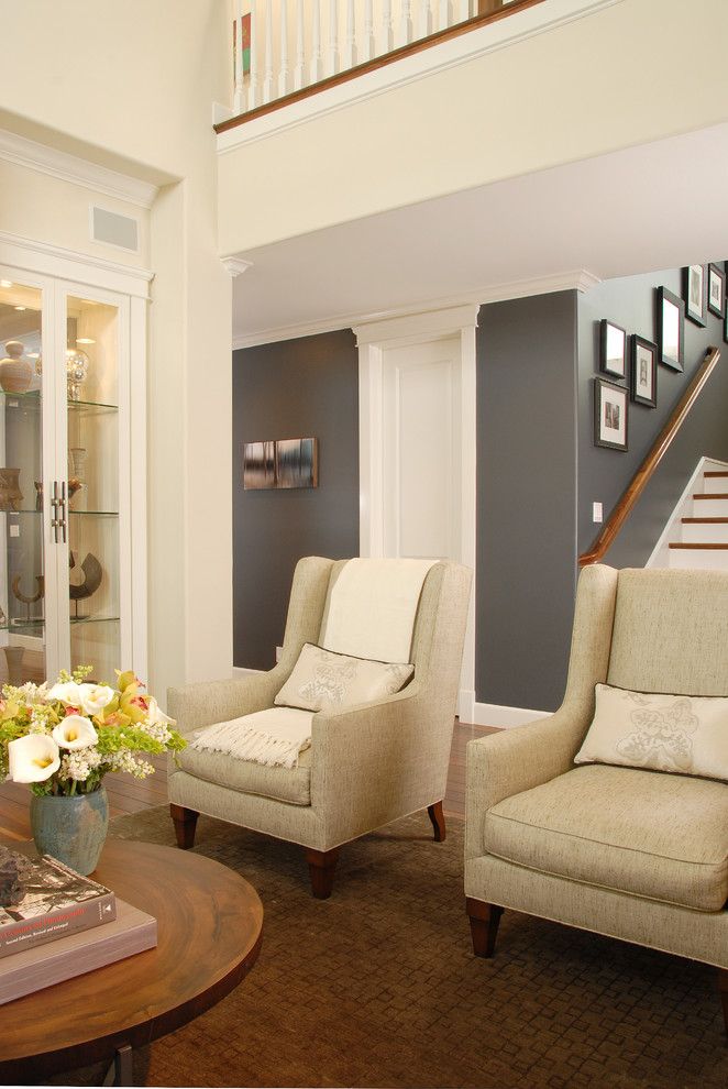 Benjamin Moore Edgecomb Gray for a Transitional Living Room with a Dining Buffet and Manhattan Beach Haven by Annette English