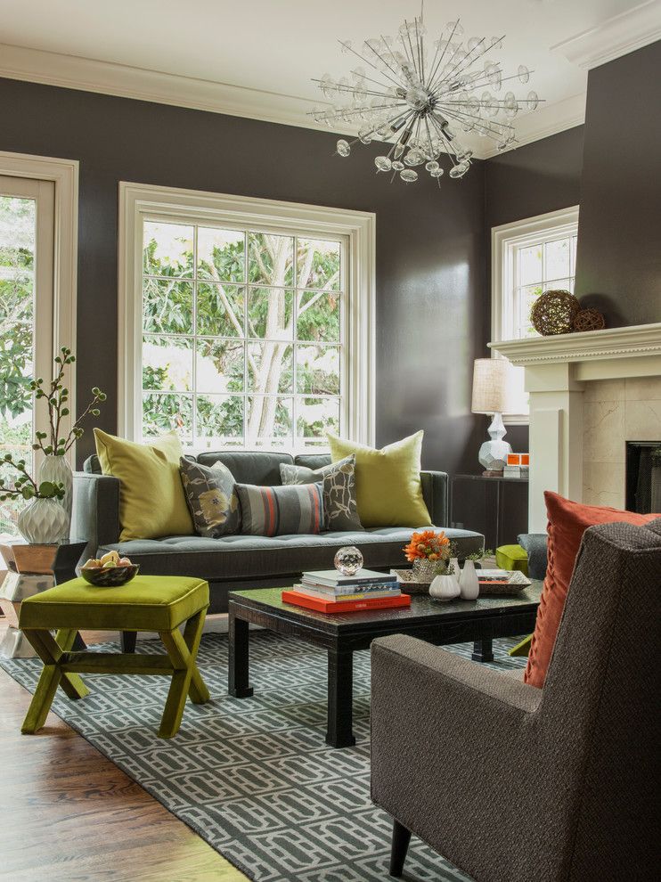 Benjamin Moore Edgecomb Gray for a Transitional Living Room with a Gray Sofa and Funky and Fun Living Room by Ann Lowengart Interiors