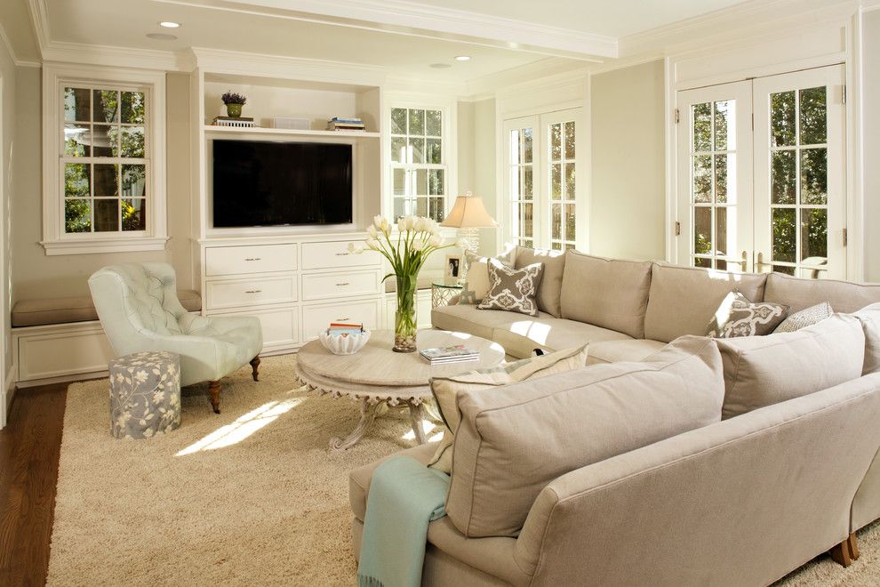 Benjamin Moore Gray Owl for a Traditional Living Room with a Crown Molding and Green with Envy: Leed Certified Whole House Renovation by Harry Braswell Inc.