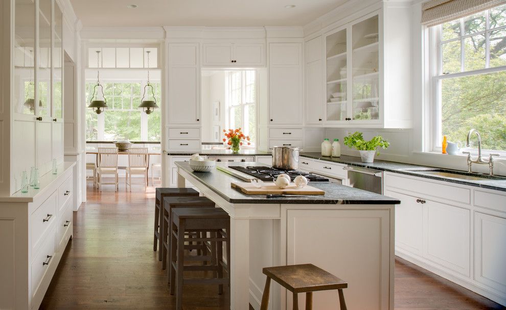 Benjamin Moore Guilford Green for a Traditional Kitchen with a Island Seating and American Revival by Donald Lococo Architects