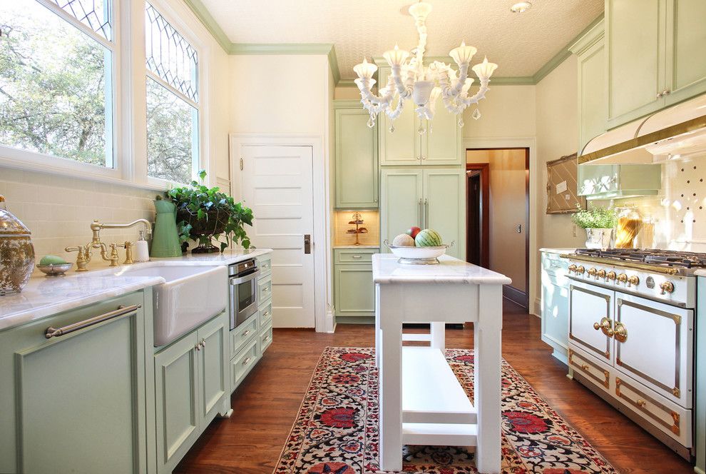 Benjamin Moore Guilford Green for a Victorian Kitchen with a Green Cabinets and Thurman Street by Garrison Hullinger Interior Design Inc.