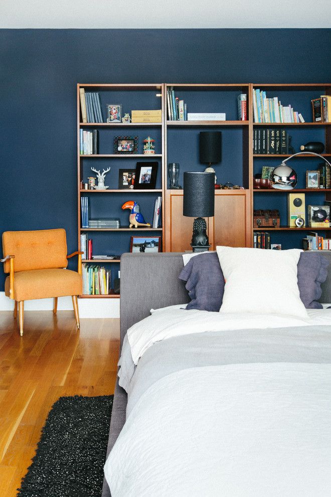 Benjamin Moore Hale Navy for a Contemporary Bedroom with a Narrow Space and Chez Noz: Master Bedroom by Noz Design