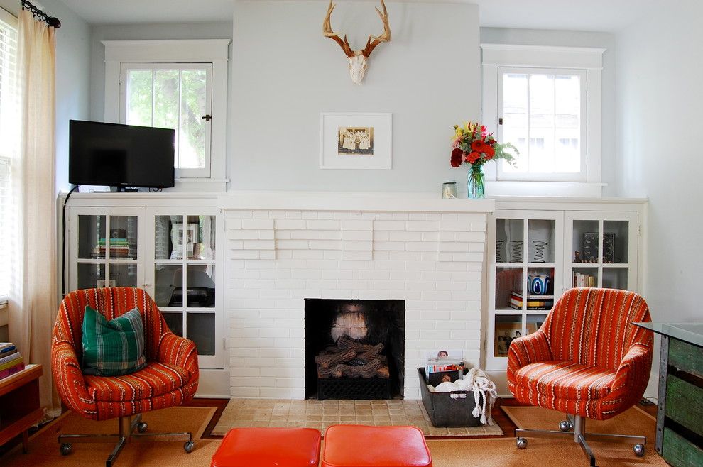 Benjamin Moore Moonshine for a Craftsman Living Room with a Red Chairs and My Houzz: Modern Meets Vintage in This Eclectic Nashville Home by Corynne Pless