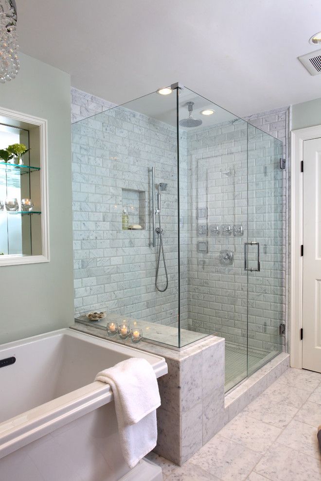 Benjamin Moore Moonshine for a Traditional Bathroom with a Tiled Floor and Master Bathroom by Justine Sterling Design