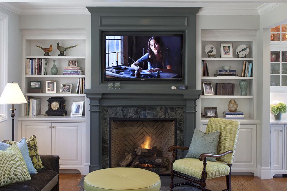 Benjamin Moore Moonshine for a Traditional Family Room with a White Wood and Project in Tiburon by Julie Williams Design