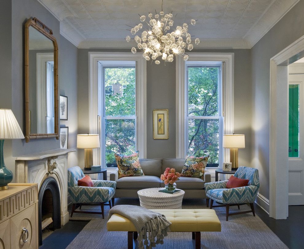 Benjamin Moore Moonshine for a Transitional Living Room with a Limestone Fireplace and Bergen Street Residence by Cwb Architects