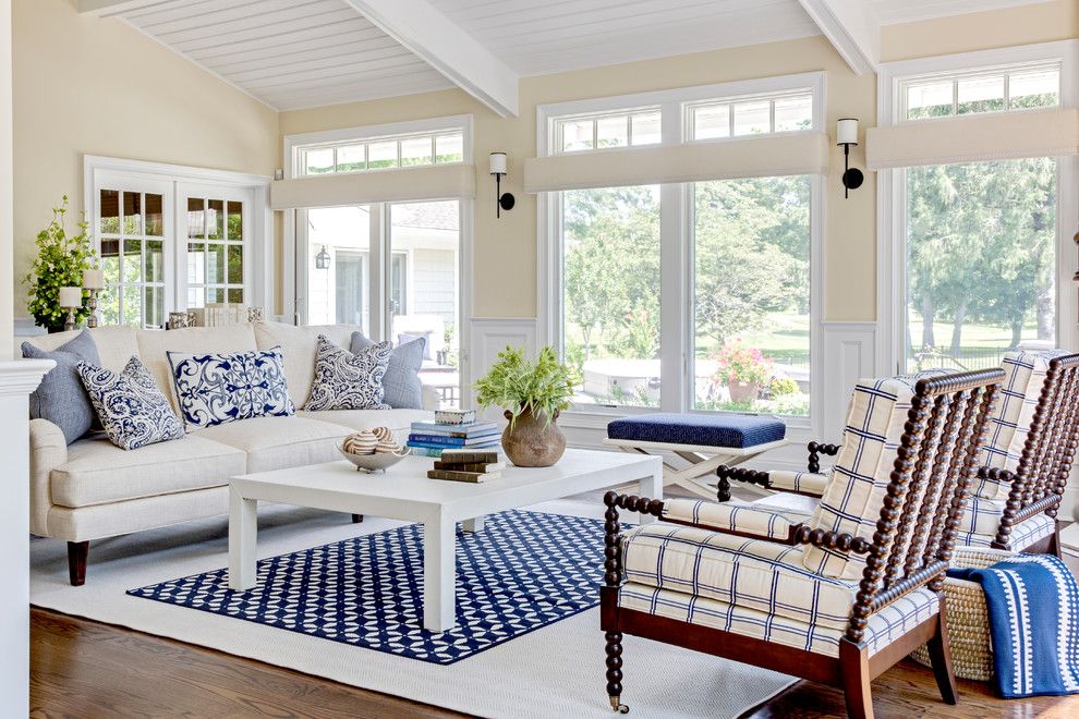 Benjamin Moore Muslin for a Beach Style Family Room with a Open Floor Plan and Oyster Bay Cove Residence by Kim E Courtney Interiors & Design Inc