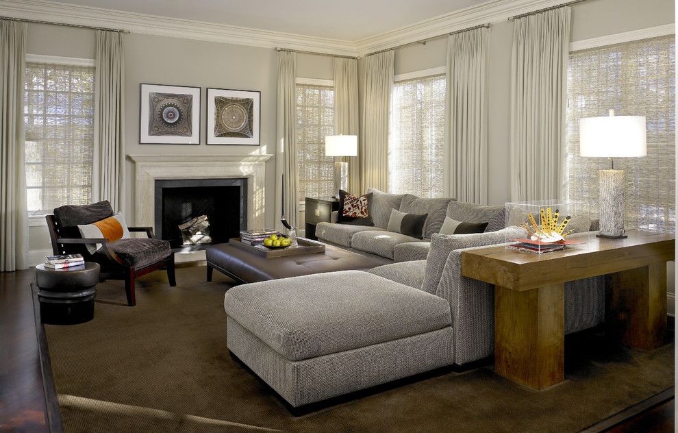 Benjamin Moore Pashmina for a Contemporary Family Room with a Dark Brown Rug and Glencoe Residence 1 by Handman Associates