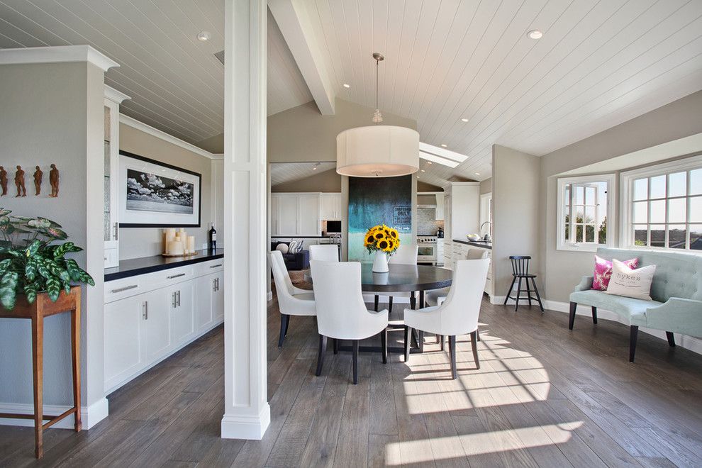 Benjamin Moore Pashmina for a Transitional Dining Room with a Drum Light and Hykes Residence by Anders Lasater Architects