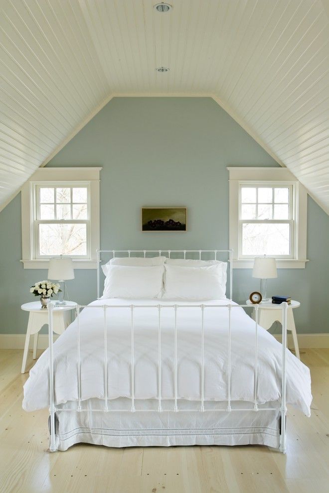 Benjamin Moore Quiet Moments for a Beach Style Bedroom with a Gray and Chartwell House :: Design + Build by Aquidneck Properties by Aquidneck Properties