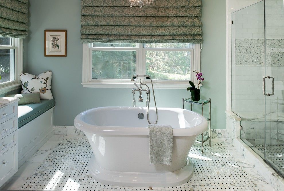 Benjamin Moore Quiet Moments for a Traditional Bathroom with a Blue and White Bathroom and Traditional Calacatta Bathroom by Douglah Designs