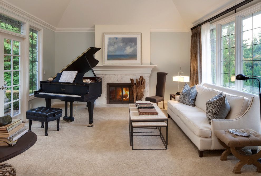 Benjamin Moore Quiet Moments for a Traditional Living Room with a Neutral Palatte and English Hill Music Room by Interiors