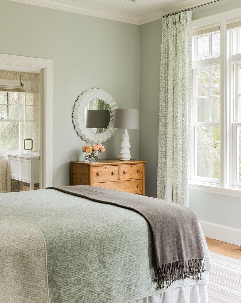 Benjamin Moore Quiet Moments for a Transitional Bedroom with a Green Bedding and Falmouth Residence   Guest Bedroom by Terrat Elms Interior Design