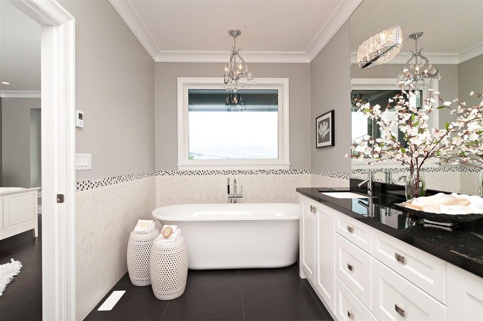 Benjamin Moore Revere Pewter Color Match for a Contemporary Bathroom with a White Bathroom Vanity and Royal Ocean View by Positive Space Staging + Design, Inc.