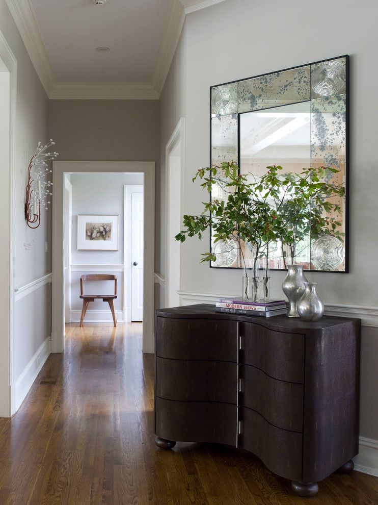 Benjamin Moore Revere Pewter Color Match for a Contemporary Hall with a Wood Floor and Washington, Ct, Home by S. B. Long Interiors