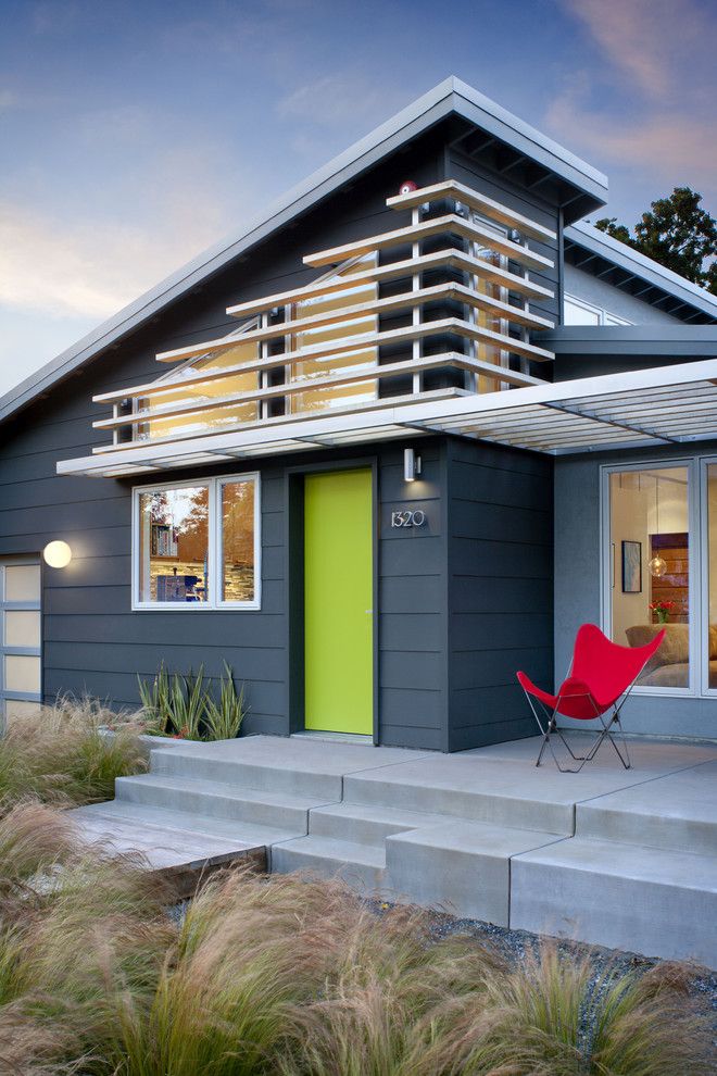 Benjamin Moore Revere Pewter Color Match for a Midcentury Exterior with a Metal Awning and Cloud Residence by Ana Williamson Architect