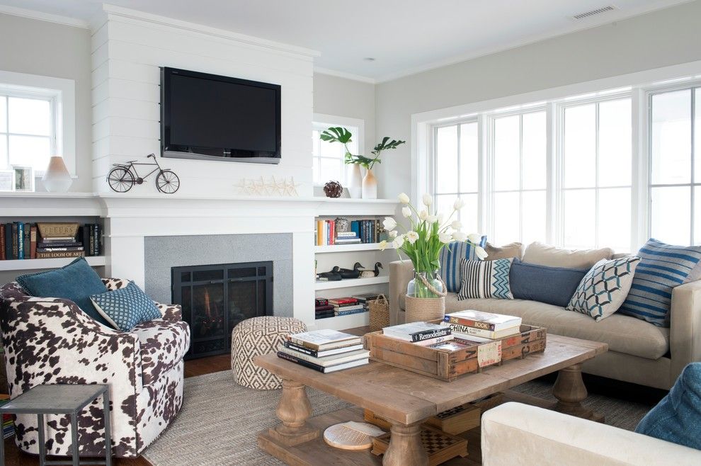 Benjamin Moore Sea Salt for a Beach Style Living Room with a Patterned Ottoman and Westport Beach House by Bensonwood