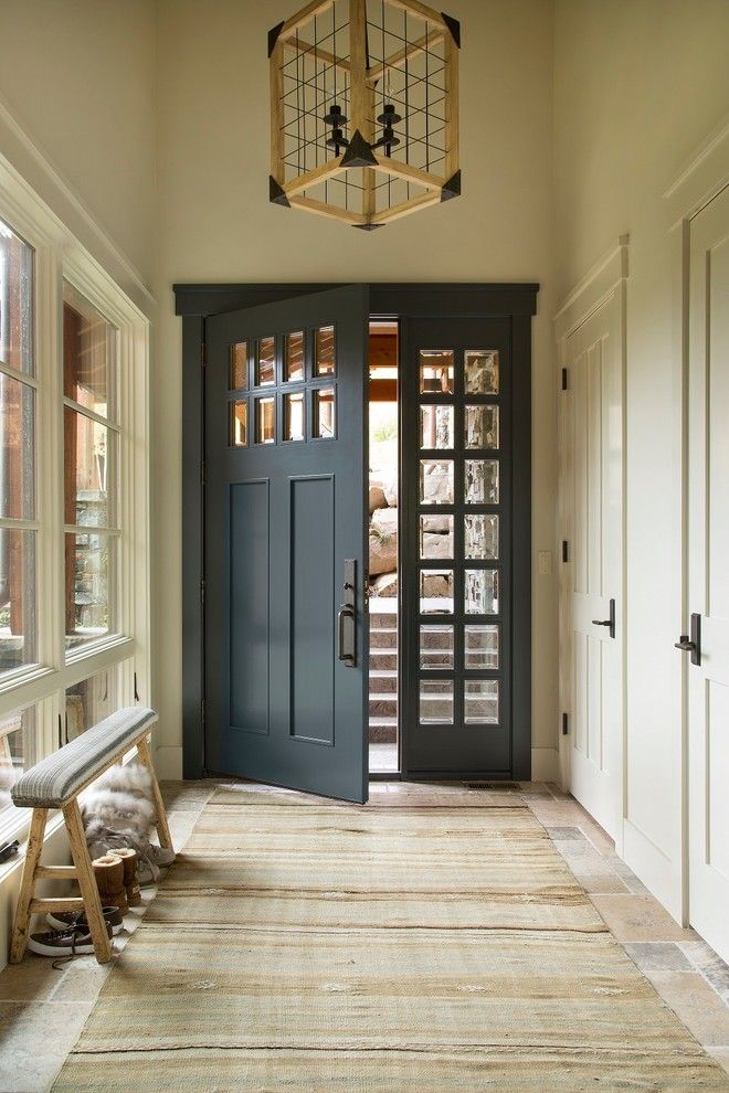 Benjamin Moore Sea Salt for a Rustic Entry with a Entry Light Fixture and Deer Valley, Utah Retreat by Massucco Warner Miller Interior Design