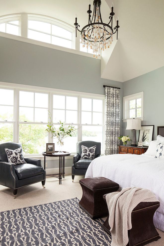 Benjamin Moore Silver Fox for a Transitional Bedroom with a Clerestory Windows and Palmer Point Road Residence 2  Master Bedroom by Martha O'hara Interiors