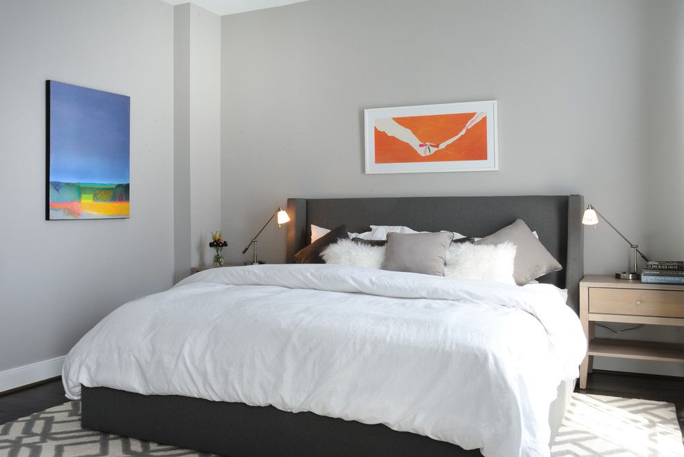 Benjamin Moore Smoke for a Contemporary Bedroom with a Upholstered Headboard and Potomac Yards Alexandria Home by Liza Ryner Design