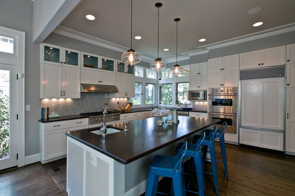 Benjamin Moore Smoke for a Contemporary Kitchen with a Marble Backsplash and Chevy Chase Residence by Heather Odonovan Interior Design